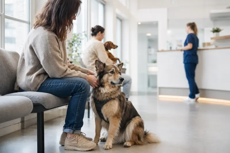 Ein Eurasier Hund sitzt ruhig neben seinem Besitzer im hellen Wartezimmer einer modernen Tierarztpraxis.